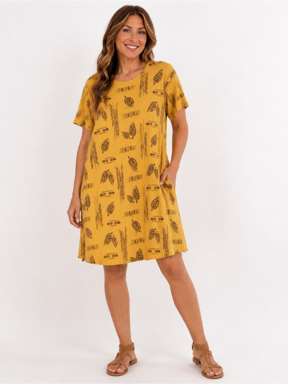 Links N Touch 1X Mustard Tribal Print Cotton Blend Midi T Shirt Dress Pockets